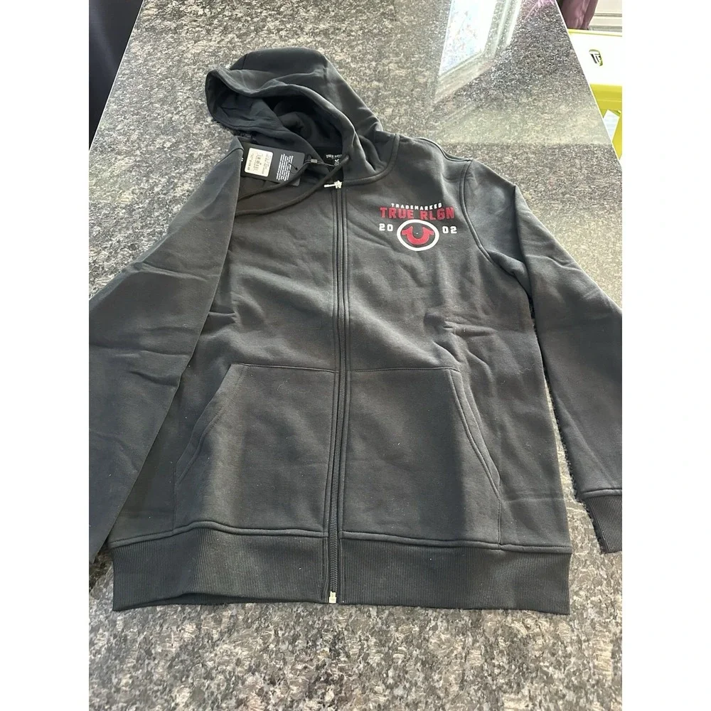 True‎ Religion Jet Black TRADEMARKED TR02 HOODIE-Sz Medium Zip Down Men's